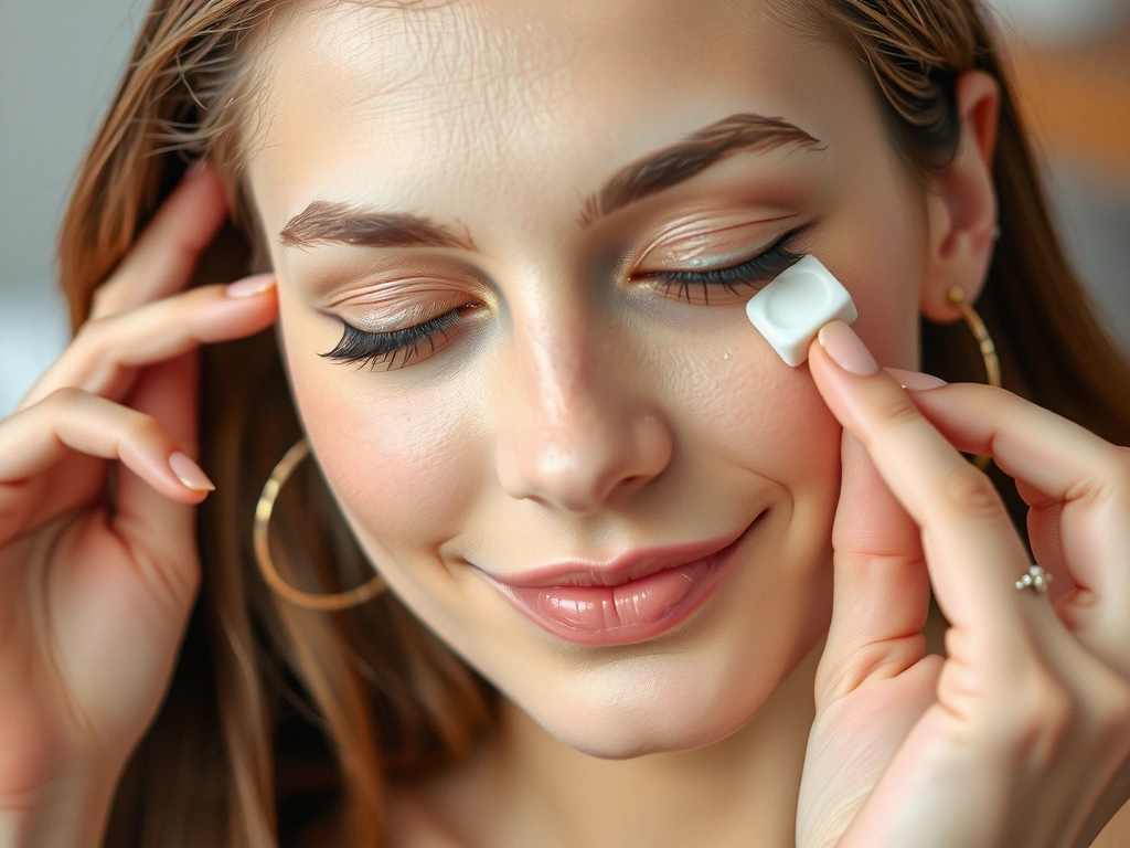 A woman gently applying a serum to her face, with soft, natural light, emphasizing natural beauty and healthy skin