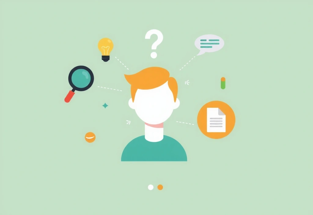 Illustration of a person asking questions, surrounded by thought bubbles and icons representing support and information