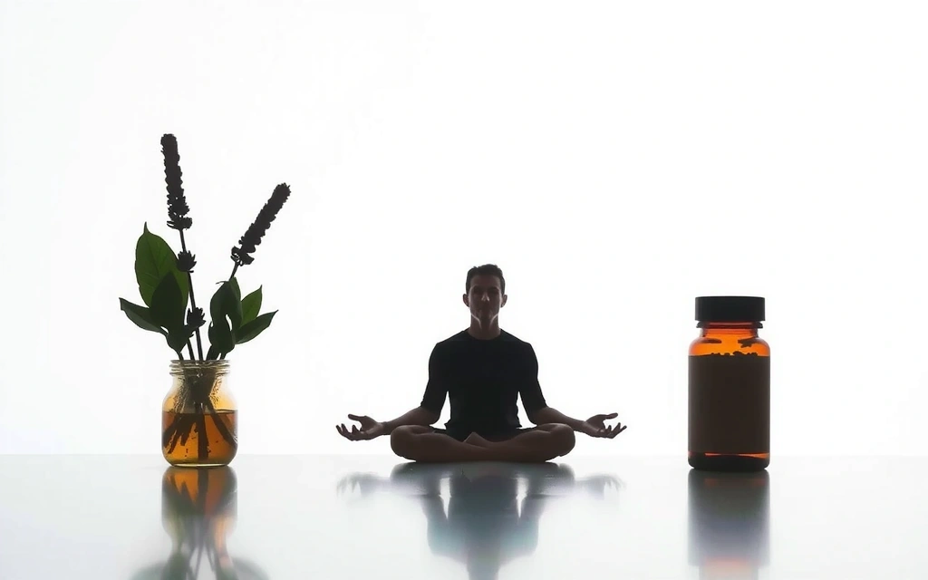 A tranquil scene illustrating stress relief, with elements like calming herbs and a serene male figure in meditation.
