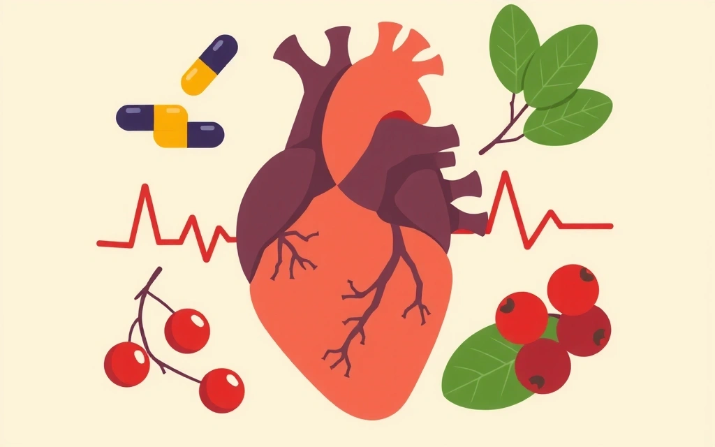 Stylized illustration of a healthy human heart surrounded by beneficial natural ingredients like Omega-3 capsules and berries.