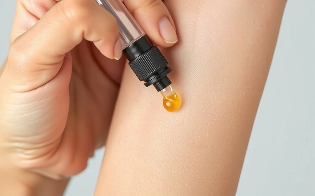 Hand applying a small drop of serum to inner forearm for patch test