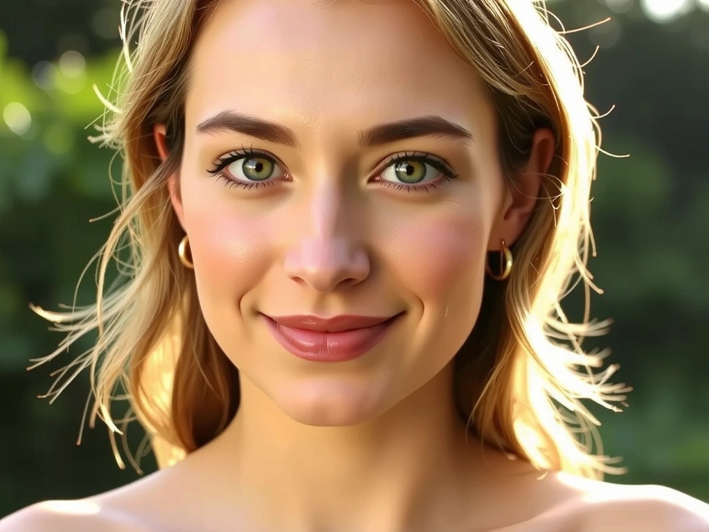 A serene woman with glowing skin, showcasing natural beauty and tranquility.